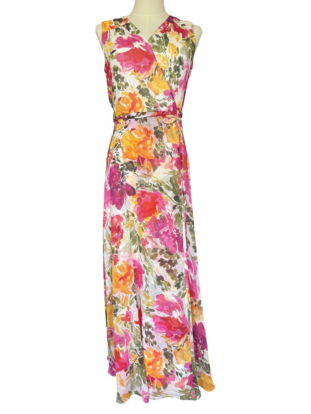 Calvin Klein Floral Maxi Dress Size 2 Sleeveless Surplice Belted Pink Yellow